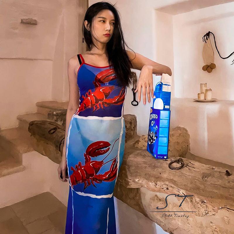 Đầm Hai Dây Dáng Dài Họa Tiết Tôm Hùm Thời Trang Mùa Hè CY03 Cho Nữ