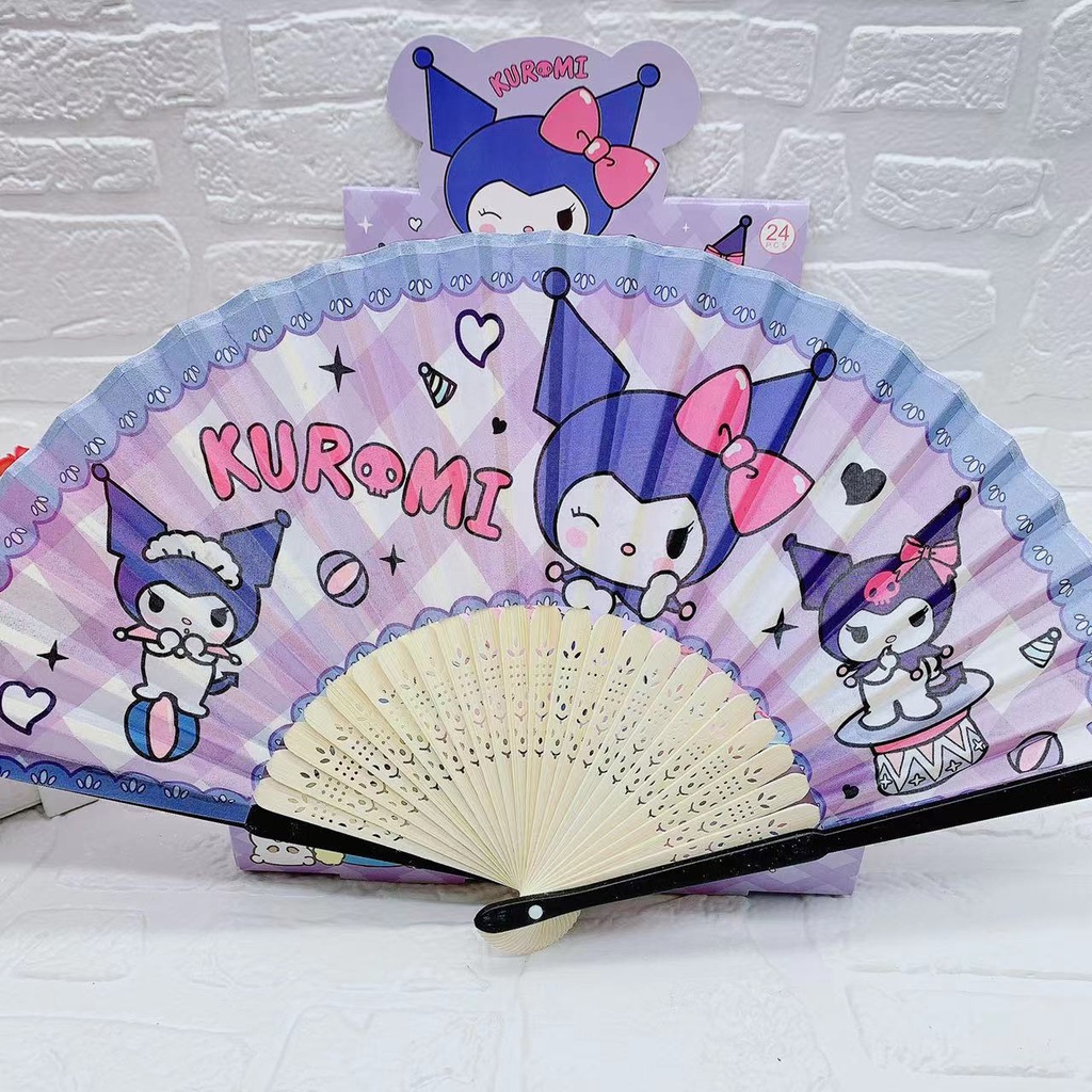 Sanrio Quạt Xếp Cầm Tay Bằng Gỗ Tre Họa Tiết Hoạt Hình Kuromi Melody Dễ Thương