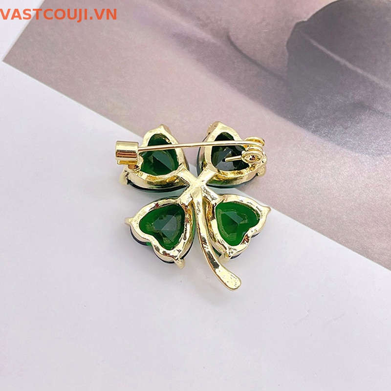 Ghim Cài Áo Hình Cỏ Bốn Lá May Mắn VASTJI Màu Ngọc Lục Bảo Kiểu Pháp Cổ Điển Cho Nữ