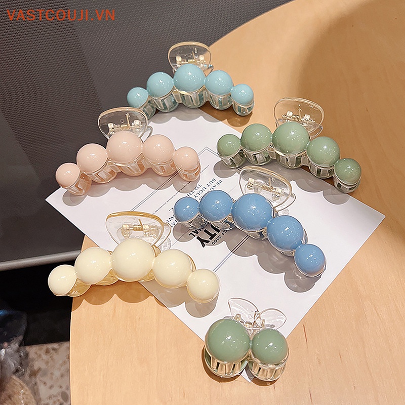 Kẹp Tóc Càng Cua Bằng Nhựa Đính Hạt Tròn Màu Xanh Lá Cây Chống Trượt Thời Trang Mùa Hè Cho Nữ