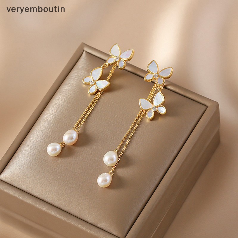 1 Đôi Bông Tai Dáng Dài Hình Bướm Đính Ngọc Trai Lãng Mạn Thời Trang Cho Nữ