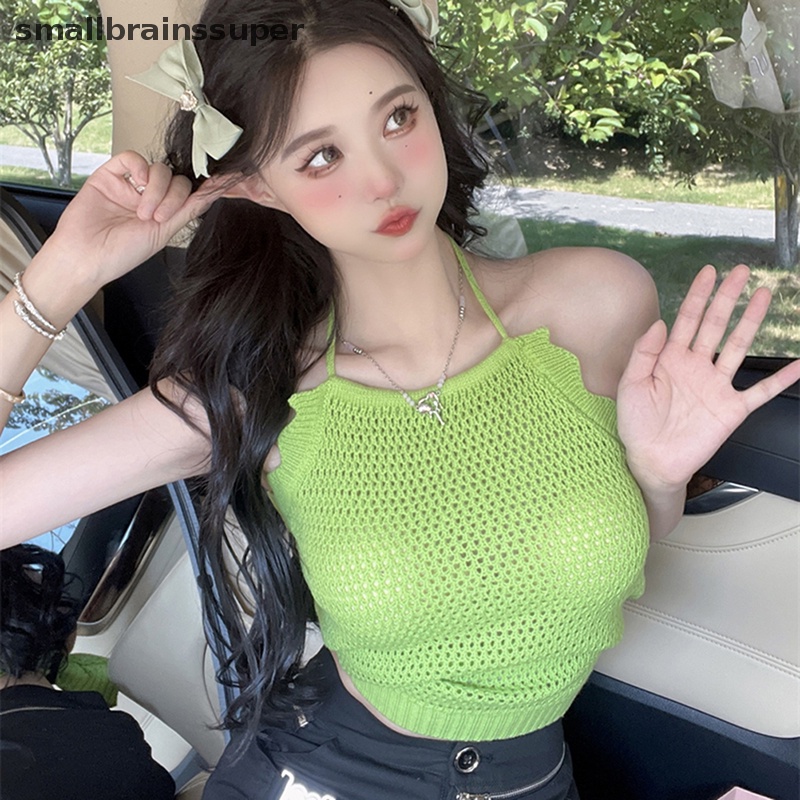 Áo Hai Dây Dệt Kim Màu Trơn Khoét Lỗ Thời Trang Mùa Hè Quyến Rũ Cho Nữ SBS