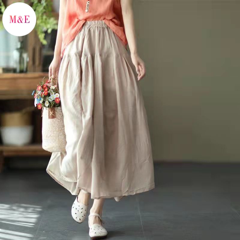 M &amp; E Váy Xòe Dài Hai Lớp Bằng Cotton Lanh Màu Trơn Thanh Lịch Phong Cách Mới Mùa Hè 2022 Dành Cho Nữ