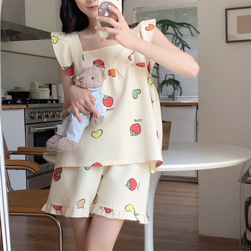 Đồ ngủ Phối Ren Họa Tiết Dâu Tây Đơn Giản Phong Cách Hàn Quốc Thời Trang Mùa Hè Hàng Mới Dành Cho Bạn Nữ