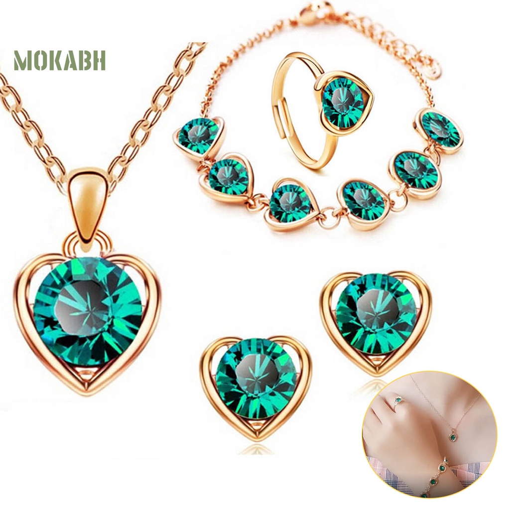 Set 4 Vòng cổ / Nhẫn / Khuyên Tai / Vòng Tay Hình Trái Tim Đính Đá Lấp Lánh Dễ Điều Chỉnh