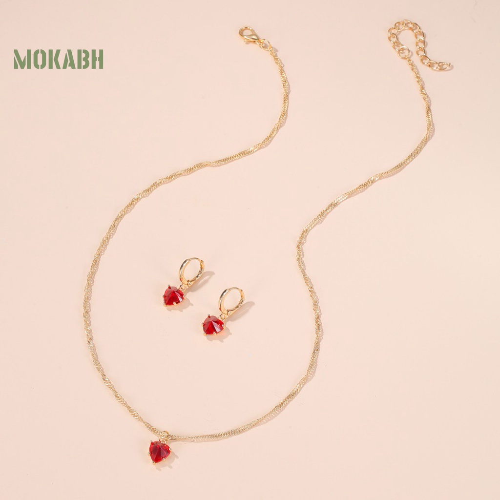 Bộ Vòng cổ + Bông Tai Hình Trái Tim Đính Đá Zircon Lấp Lánh Ngọt Ngào