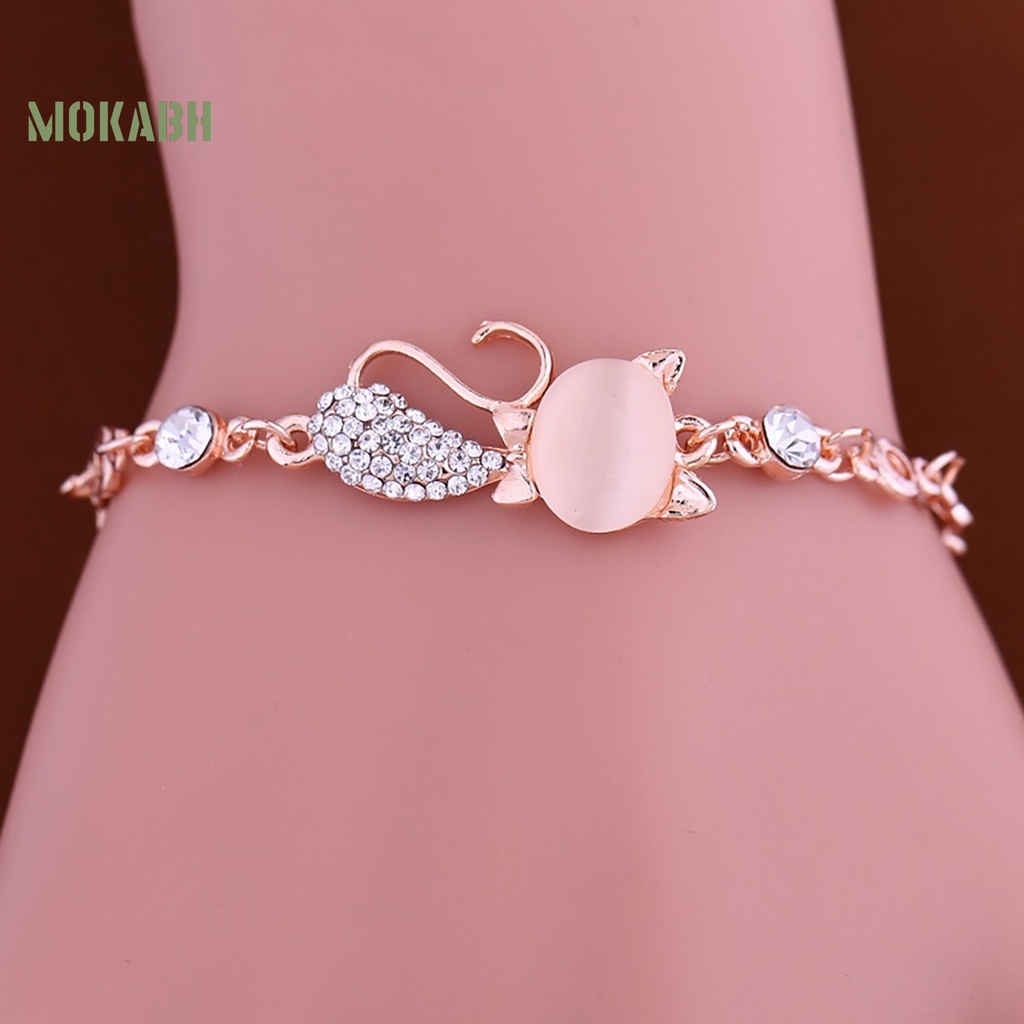 Vòng Đeo Tay Mặt Hình Mèo Đính Đá Opal Dễ Thương Cho Nữ