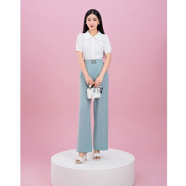 Quần công sở chéo hàn xanh ống đứng cạp cao thanh lịch Orchid AH7S009