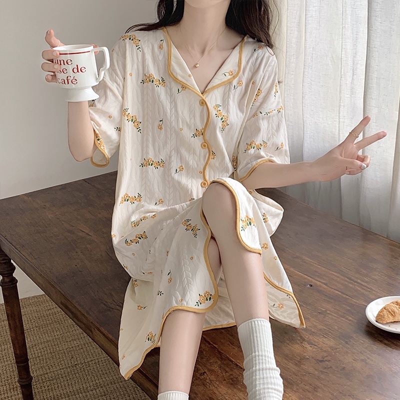 Đầm Ngủ Cotton Dáng Rộng Họa Tiết Hoa Thời Trang Mùa Hè Cho Nữ