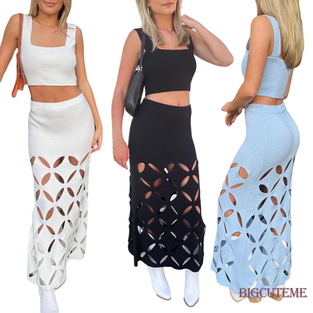 Bộ Áo Tank Top 2 Dây + Chân Váy Dệt Kim Lưng Cao Co Giãn Thời Trang Mùa Hè Cho Nữ