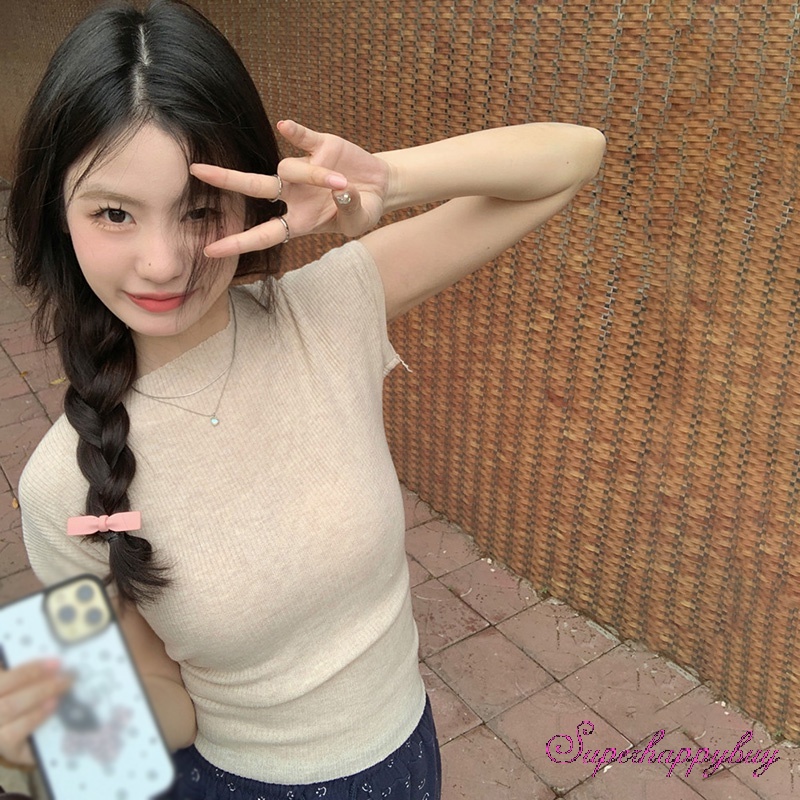 Áo Croptop Dệt Kim Tay Ngắn Màu Sắc Ngọt Ngào Thời Trang Cho Nữ