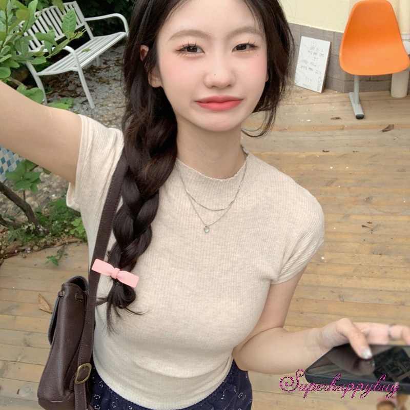 Áo Croptop Dệt Kim Tay Ngắn Màu Sắc Ngọt Ngào Thời Trang Cho Nữ