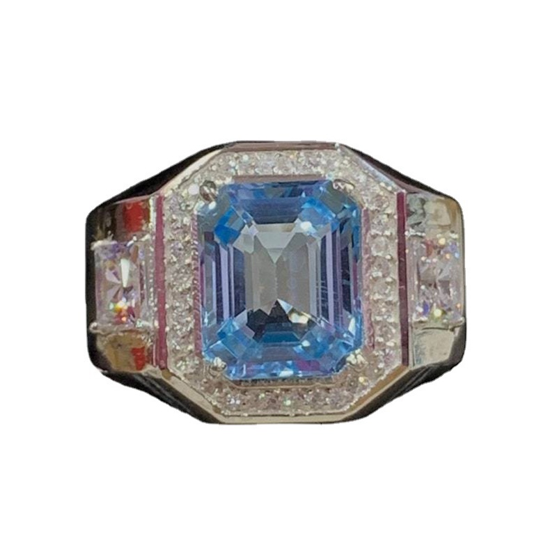 Nhẫn Cưới Thép Titan Đính Kim Cương Pha Lê Xanh Biển Sang Trọng Cho Nam