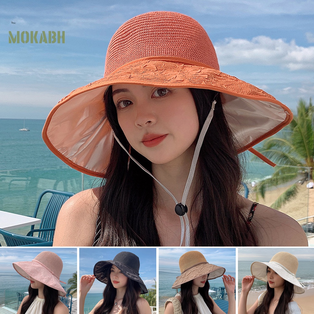 [Mok Abh] Mũ Ngư Dân Dệt Kim Vành Rộng Thắt Nơ Thoáng Khí Chống Nắng Đi Biển Mùa Hè Cho Nữ