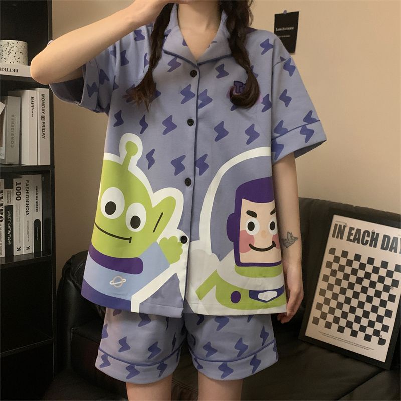 Bộ Đồ Ngủ Ngắn Tay Họa Tiết Hoạt Hình Người Ngoài Hành Tinh Thời Trang Mùa Hè Cho Nữ