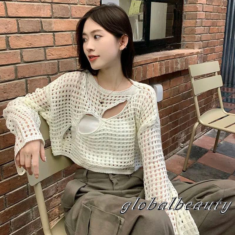 Áo Thun Dệt Kim Tay Dài Cổ Tròn Dáng Rộng Khoét Lỗ Thời Trang Cho Nữ