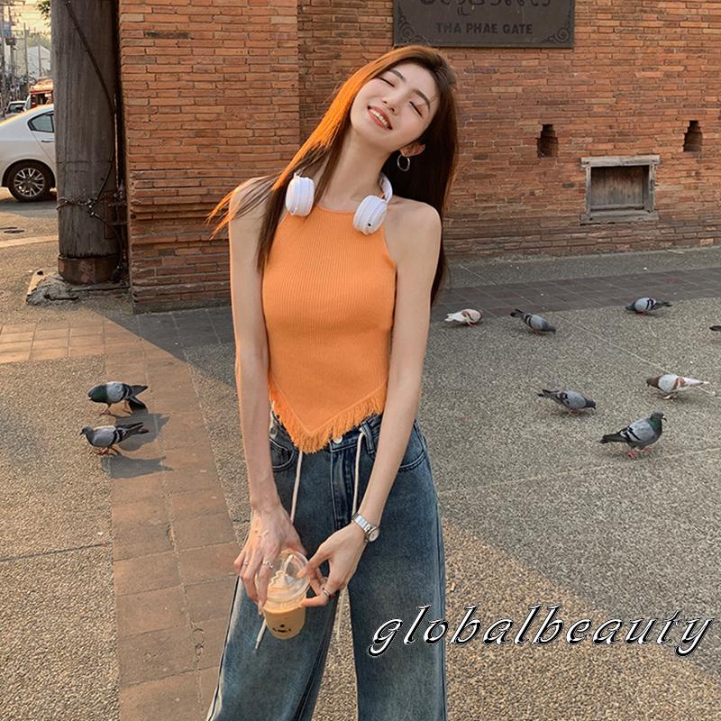 Áo Croptop Dệt Kim Không Tay Viền Tua Rua Hở Lưng Thời Trang Mùa Hè Cho Nữ