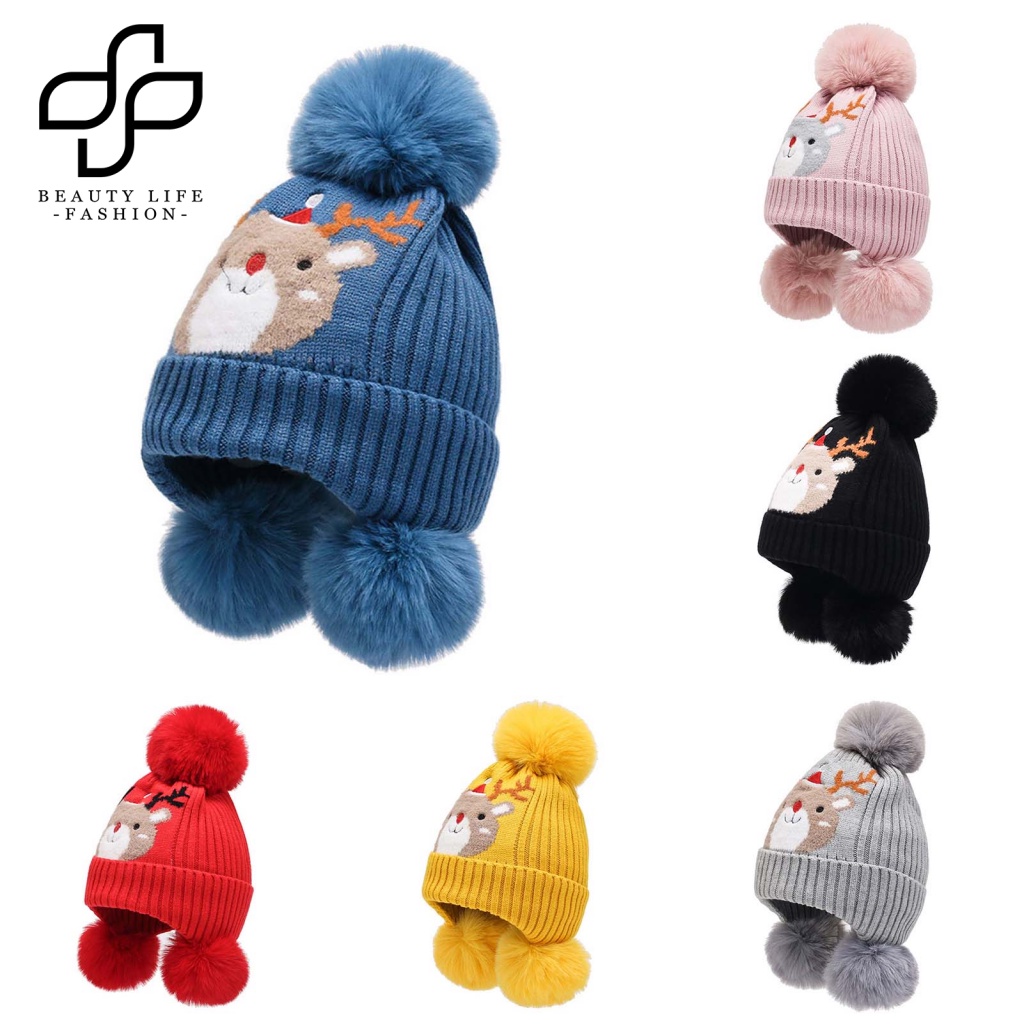 Nón Beanie Họa Tiết Thú Hoạt Hình Trang Trí Bóng Lông Cho Bé