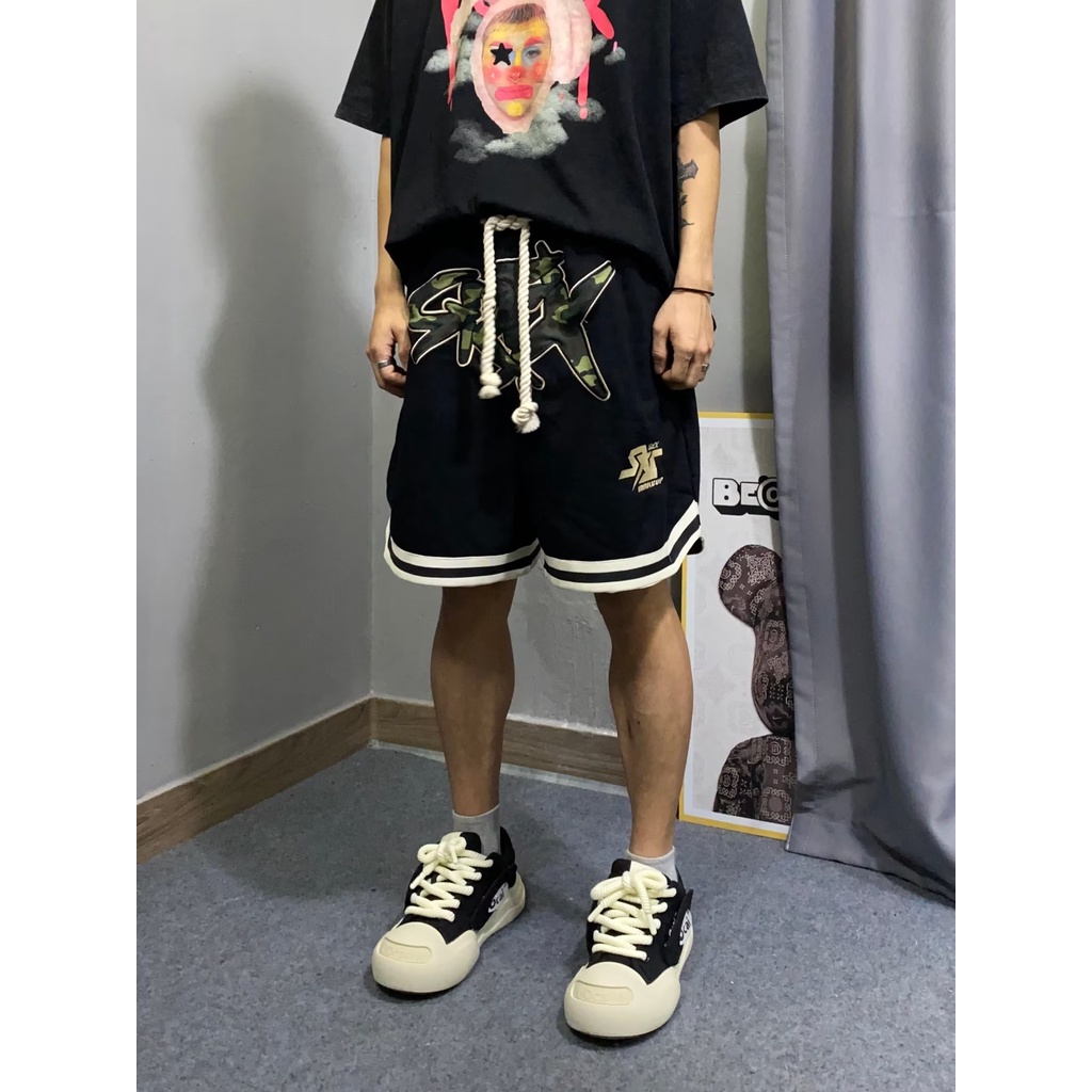 Quần Short Thể Thao Ống Rộng Thêu Họa Tiết Phong Cách Hip Hop Đường Phố Mỹ Thời Trang Mùa Hè Cho Nam