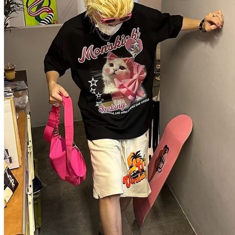 Áo Thun Ngắn Tay Dáng Rộng In Hình Mèo Thời Trang Mùa Hè Cá Tính