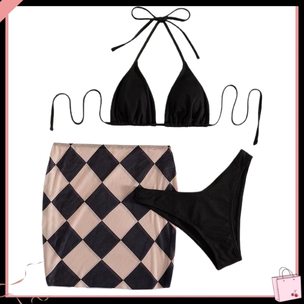 Bộ Đồ Bơi Bikini 3 Món Áo Hai Dây Nâng Ngực Phối Chân Váy In Họa Tiết Hình Học Màu Sắc Có Thể Điều Chỉnh Cho Nữ