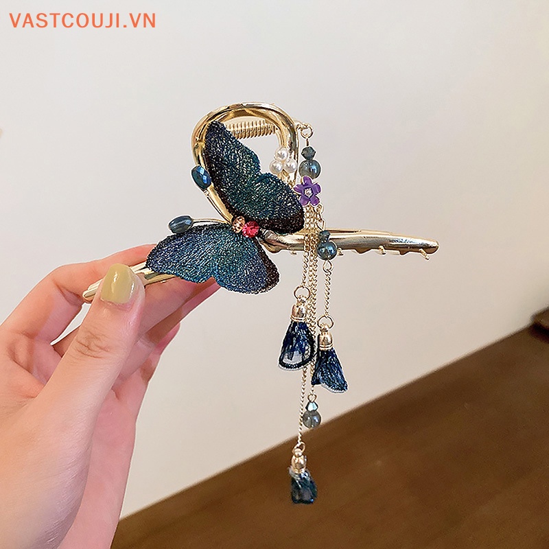 Kẹp Tóc Kim Loại Hình Bướm Đính Đá Pha Lê Tua Rua Phong Cách Hàn Quốc