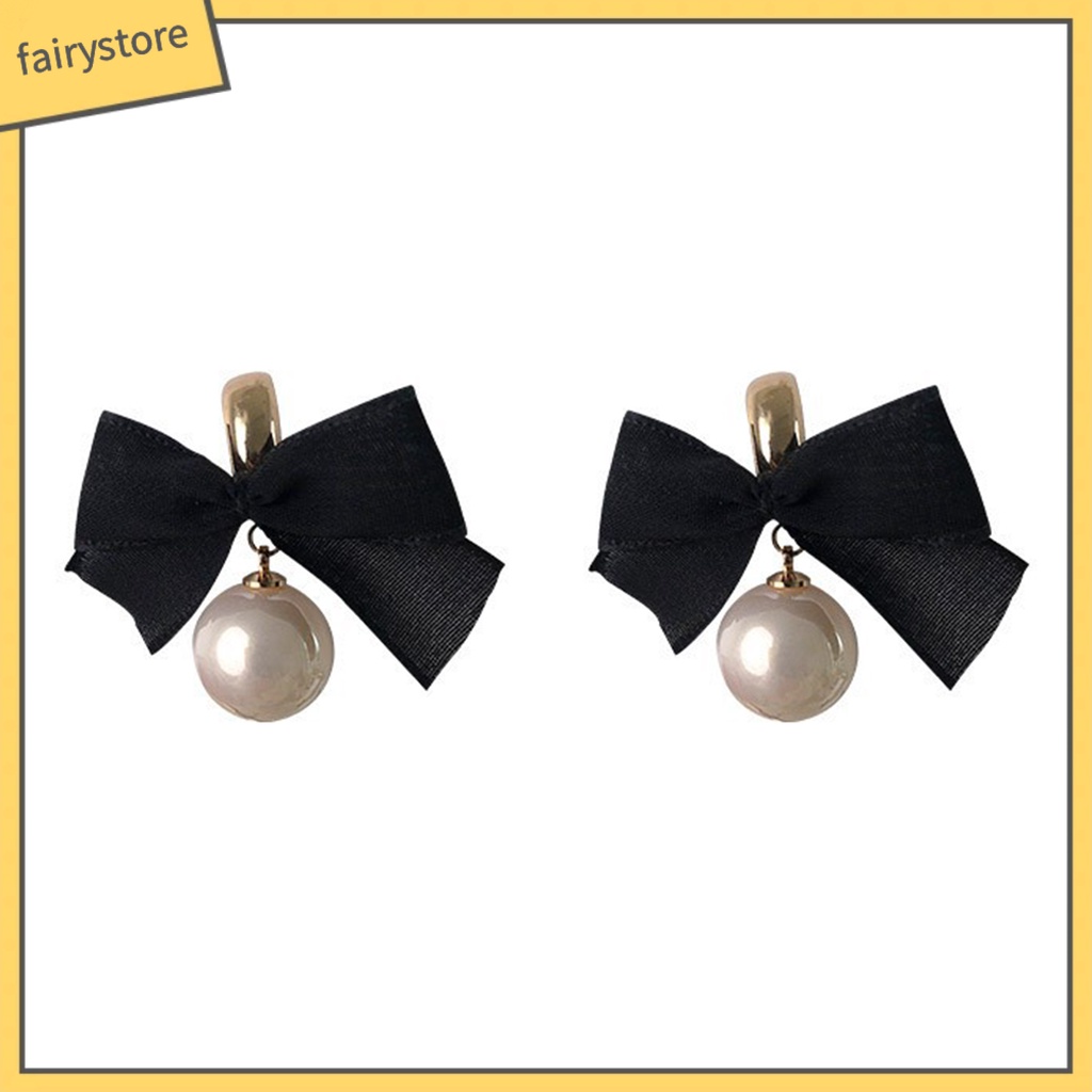 1 Đôi Bông Tai Hình Nơ Đen Đính Ngọc Trai Giả Phong Cách Pháp Cổ Điển Dành Cho Nữ