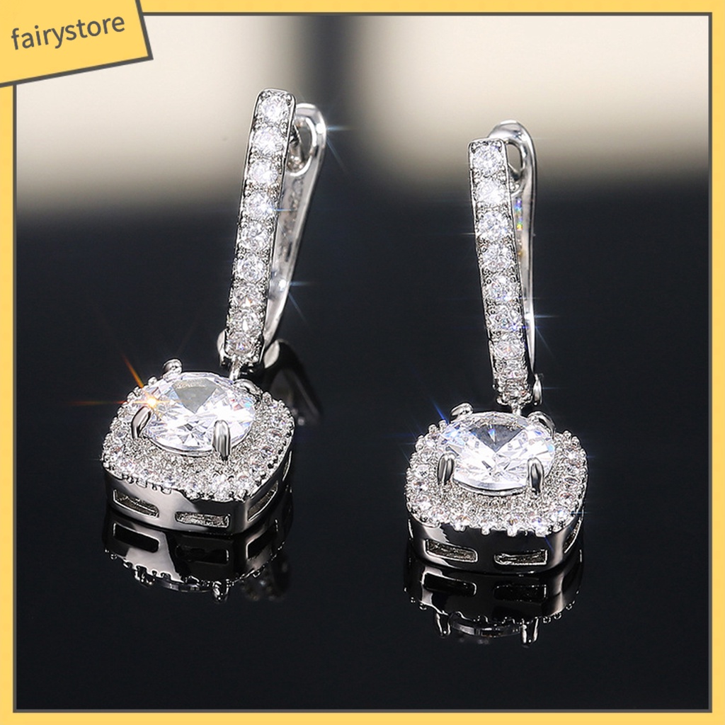 1 Đôi Bông Tai Hình Vuông Đính Đá Zircon Lấp Lánh Phong Cách Hàn Quốc