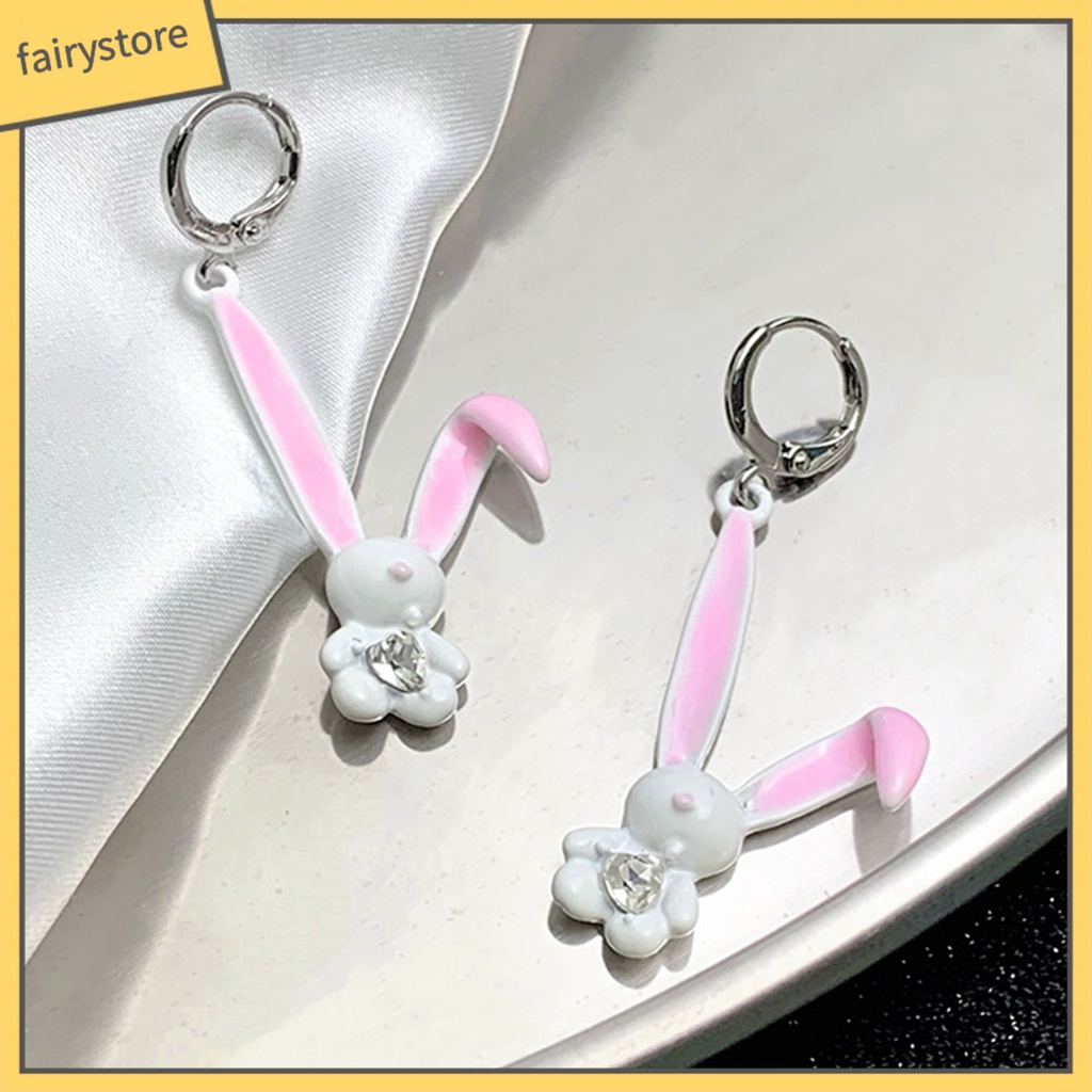 1 Đôi Bông Tai Hình Thỏ Hoạt Hình Đính Đá Phong Cách Hàn Quốc