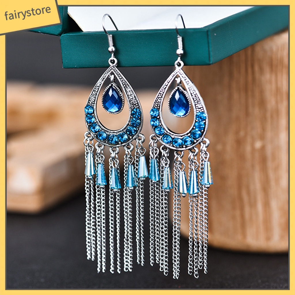 1 Đôi Bông Tai Hình Giọt Nước Đính Đá Phối Tua Rua Phong Cách Vintage