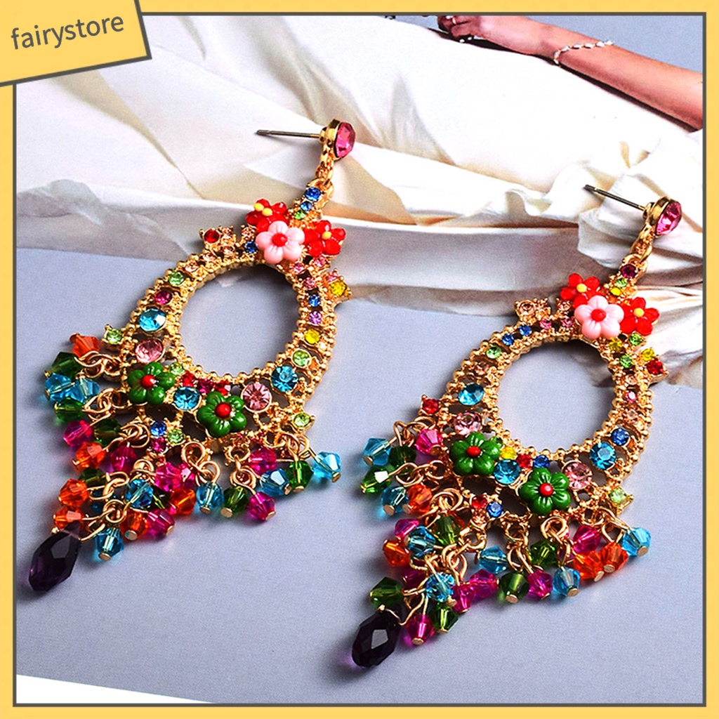 1 Cặp Bông Tai Tua Rua Đính Đá Nhiều Màu Phong Cách Bohemian