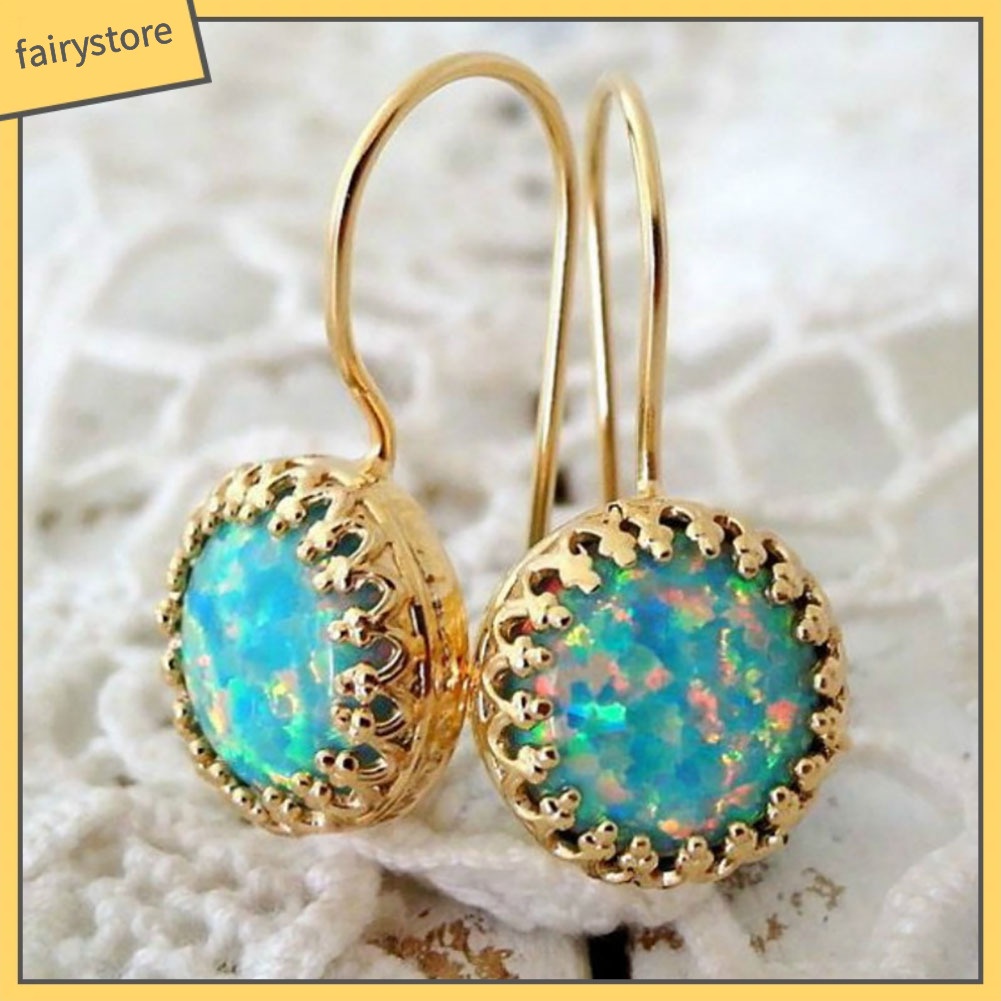 Khuyên Tai Móc Đính Đá Opal Nhân Tạo Tròn Nhiều Màu Phong Cách Vintage Cho Nữ
