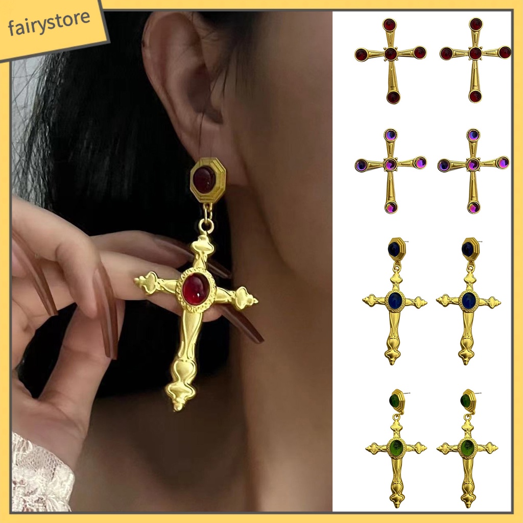 1 Đôi Bông Tai Hình Thánh Giá Bằng Thủy Tinh Màu Sang Trọng Phong Cách Trung Cổ Dành Cho Nữ