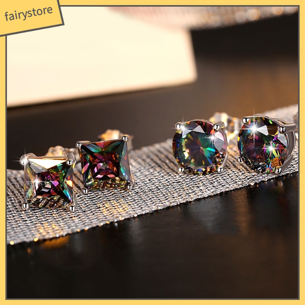 Khuyên Tai Đính Đá Vuông Tròn Nhiều Màu Phong Cách Cổ Điển