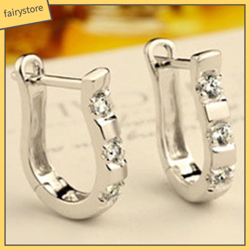 1 Đôi Bông Tai Tròn Mạ Bạc Đính Đá Trắng Sang Trọng