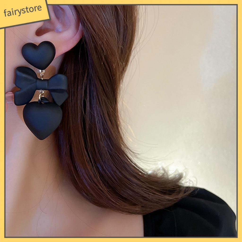 1 Đôi Bông Tai Hình Trái Tim / Nơ Màu Đen Phong Cách Gothic Thời Trang