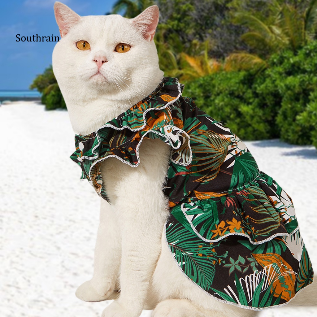 Đầm Hóa Trang Công Chúa Mùa Hè Xếp Ly Viền Nhấn In Họa Tiết Lá Cọ Có Khóa Bấm Cho Cún Cưng