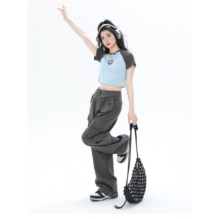 Áo Croptop Tay Ngắn Cổ Tròn Màu Sắc Tương Phản Phong Cách Retro Dành Cho Nữ