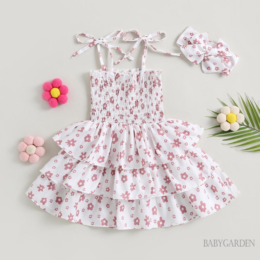 Đầm Không Tay Phối Bèo Họa Tiết Hoa Kèm Băng Đô Xinh Xắn Cho Bé Gái 1-5 Tuổi