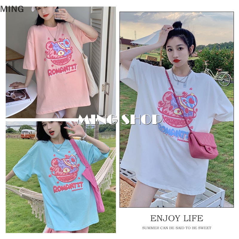 Áo Thun Tay Ngắn Cổ Tròn Dáng Rộng In Họa Tiết Gấu Hoạt Hình Thời Trang Mùa Hè Cho Nữ