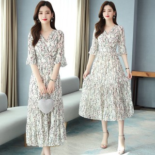 Đầm Voan Dài Qua Gối Cổ Chữ V In Họa Tiết Hoa Phong Cách Anh Quốc Thời Trang Mùa Hè Mới Cho Nữ
