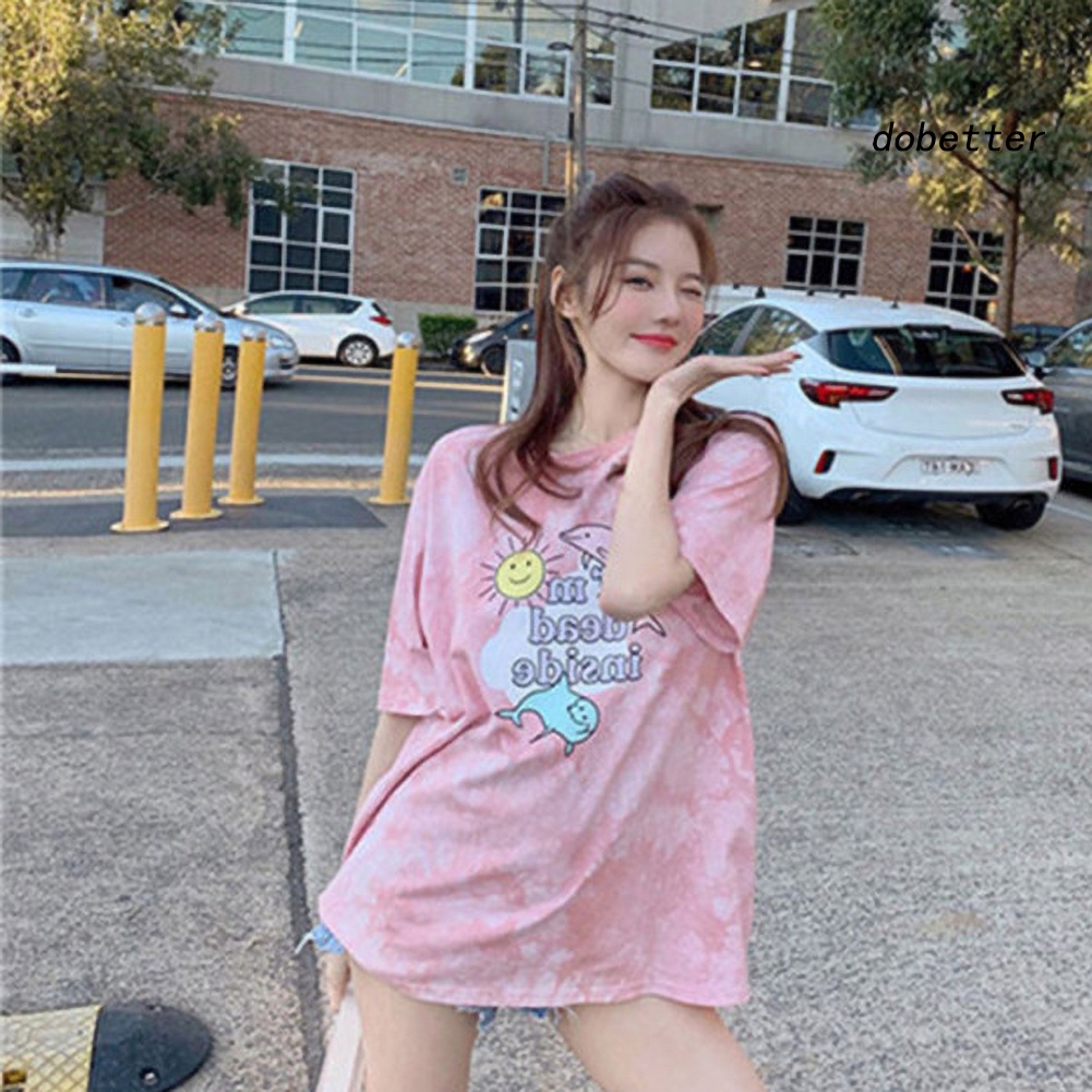 Áo Thun Nữ Ngắn Tay Cổ Tròn Form Rộng Nhuộm Màu Thời Trang