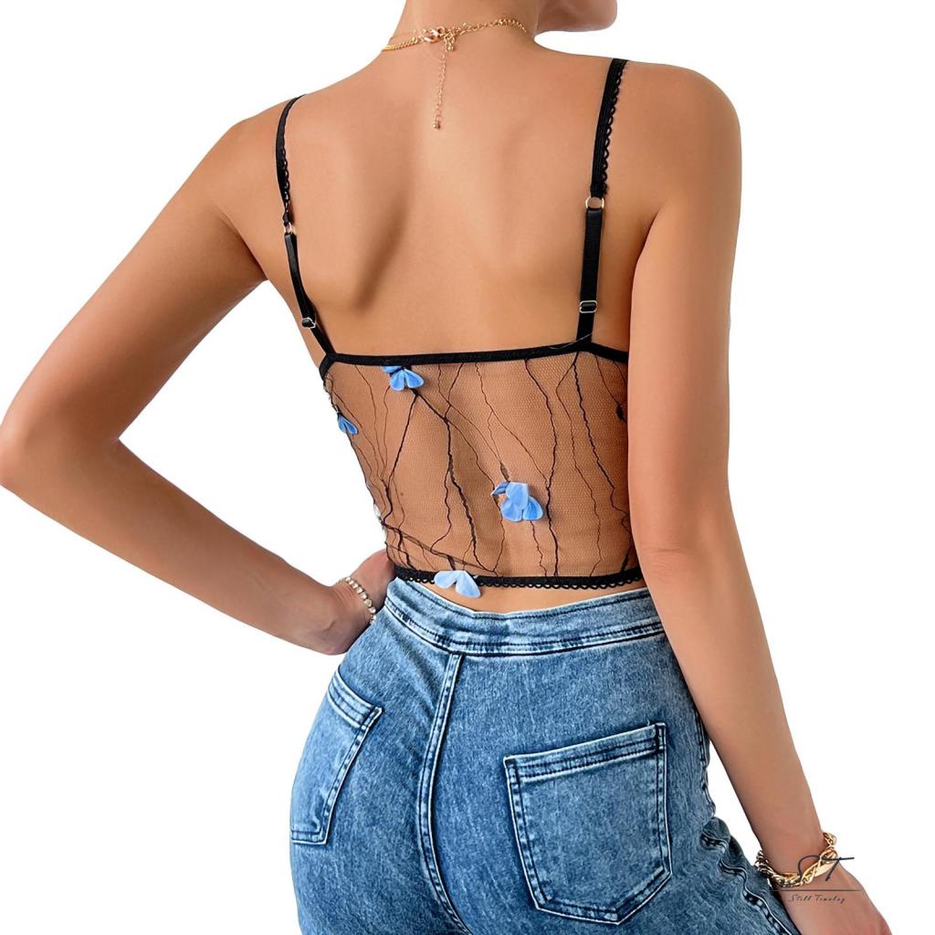 Áo Hai Dây Mỏng Xuyên Thấu Phối Họa Tiết Bướm CY03 Thời Trang Mùa Hè Cho Nữ