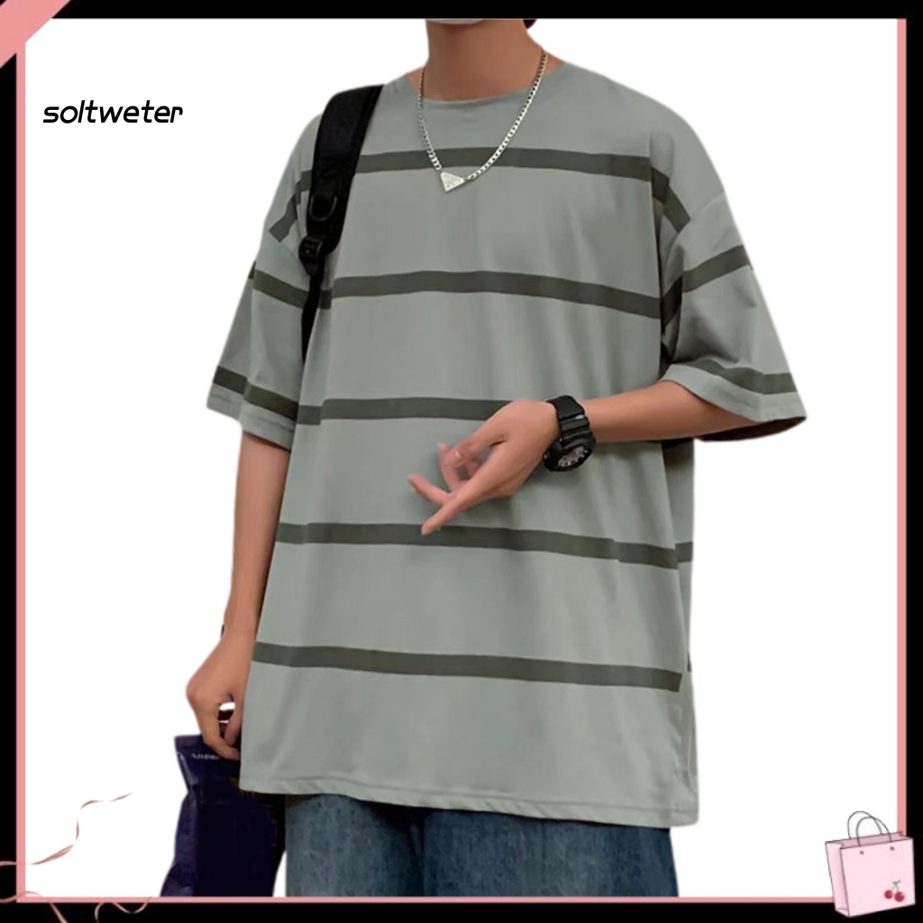 Áo Thun Dáng Rộng Mềm Mại Thoải Mái In Họa Tiết Kẻ Sọc Màu Tương Phản Phong Cách Hip Hop Thời Trang Cho Nam