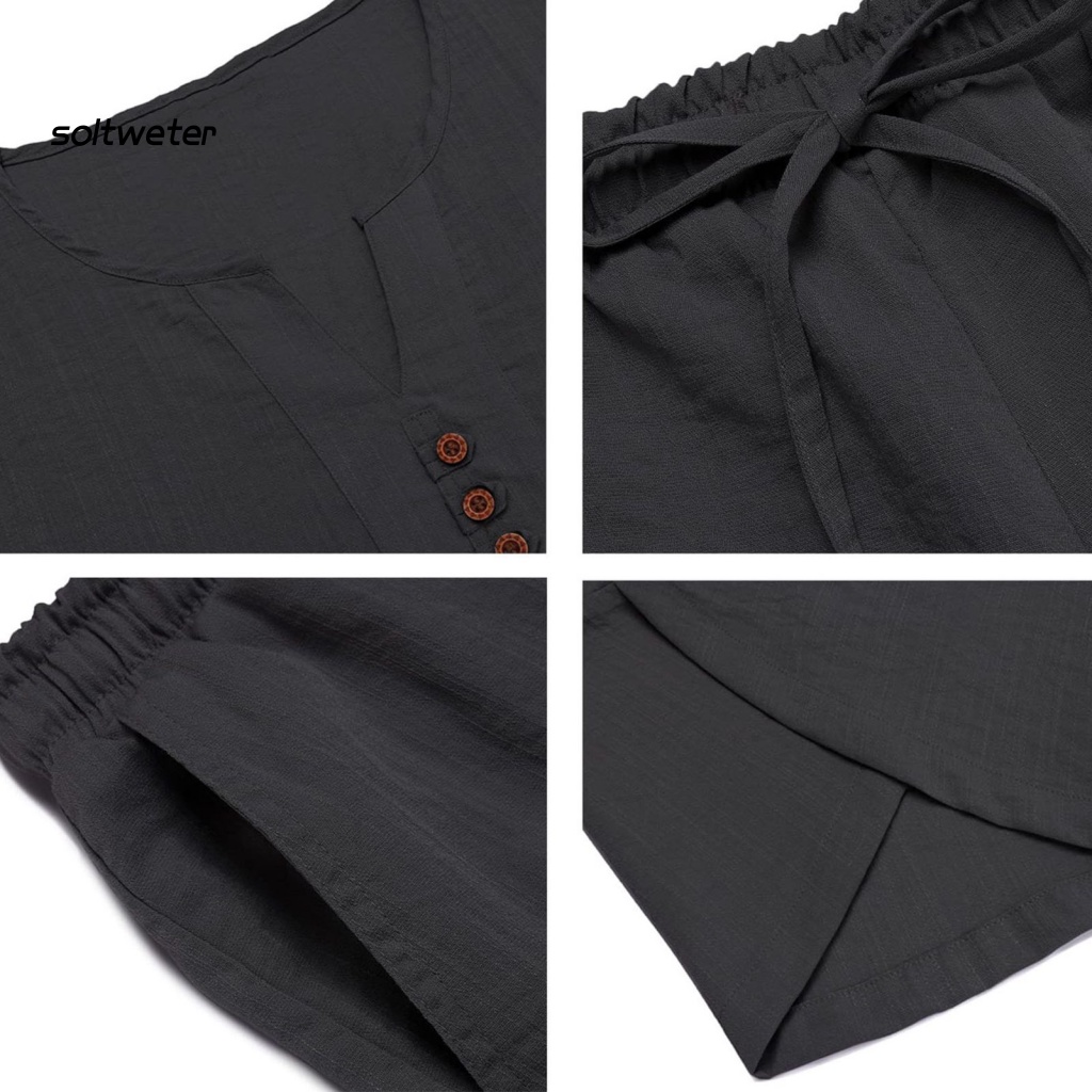 Set Đồ Mùa Hè 2 Món Gồm Áo Thun Cổ Chữ V Lưng Thun + Quần Dài Màu Trơn Cho Nam