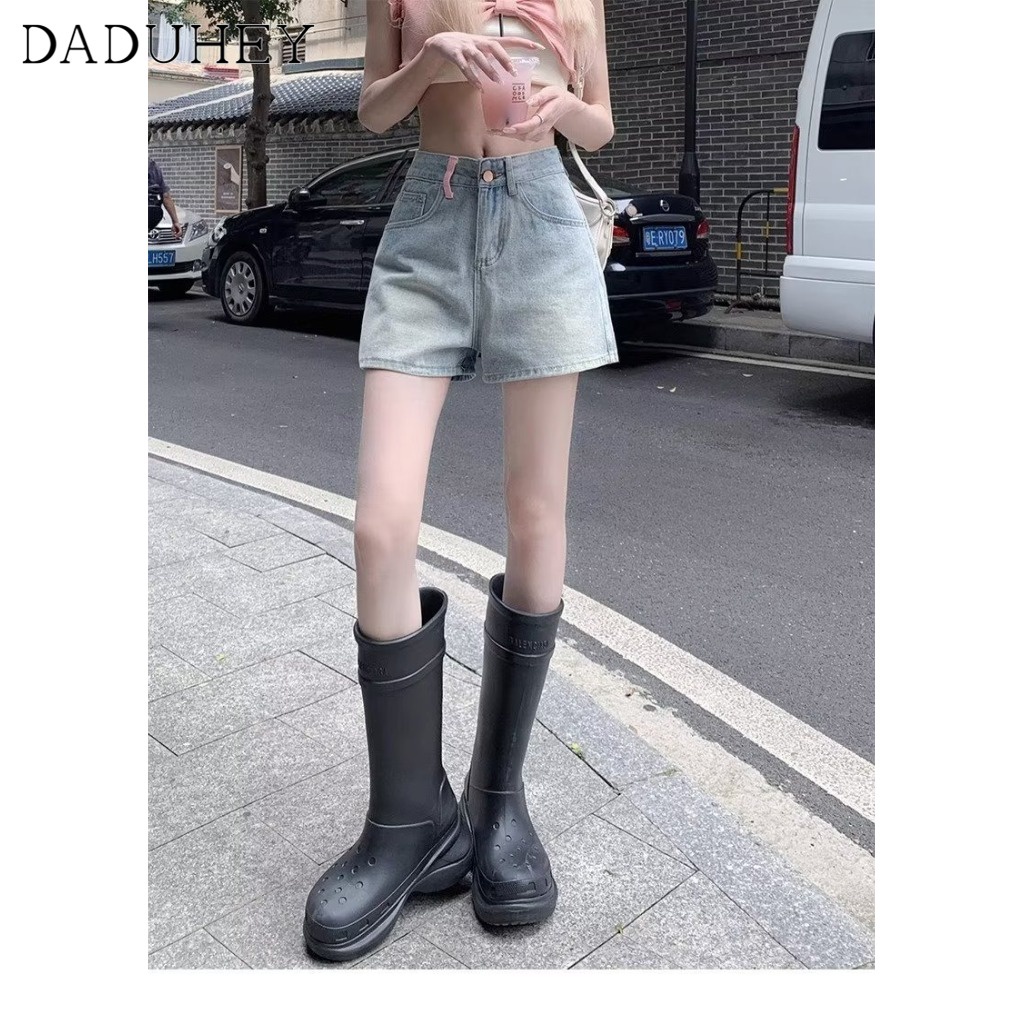 Quần short denim DADUHEY ống rộng cạp cao thời trang retro phong cách Hàn Quốc cho nữ