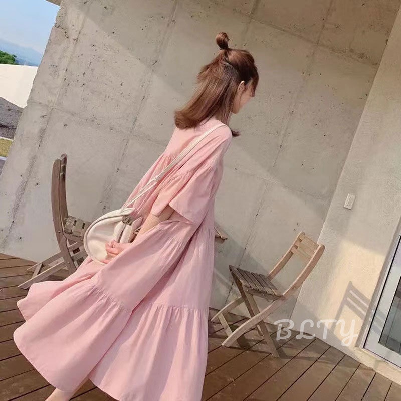 BLTY Đầm Ngắn Tay Cổ Tròn Màu Trơn Dáng Rộng Thời Trang Cho Mẹ Bầu