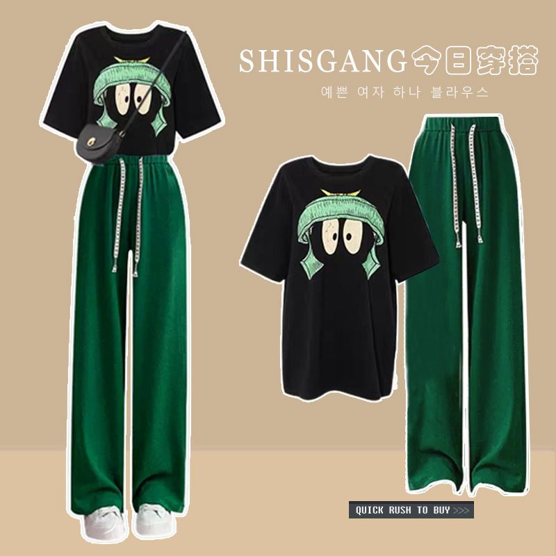 Set Áo Thun Ngắn Tay Plus Size + Quần Ống Rộng Phong Cách Hàn Quốc Thời Trang Mùa Hè 2023 Cho Nữ