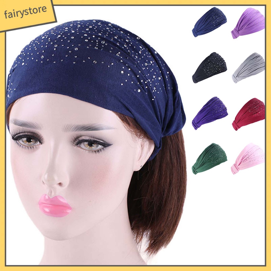 Băng Đô Cài Tóc Bản Rộng Co Giãn Tốt Màu Trơn Đính Đá Cho Nữ