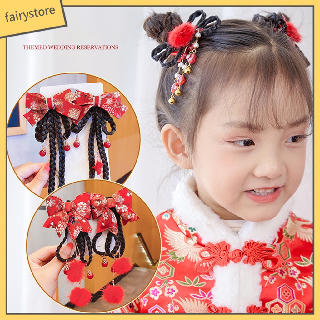 1 Cặp Kẹp Tóc Giả Đính Nơ Tua Rua Phong Cách Trung Hoa Ngọt Ngào Cho Bé Gái